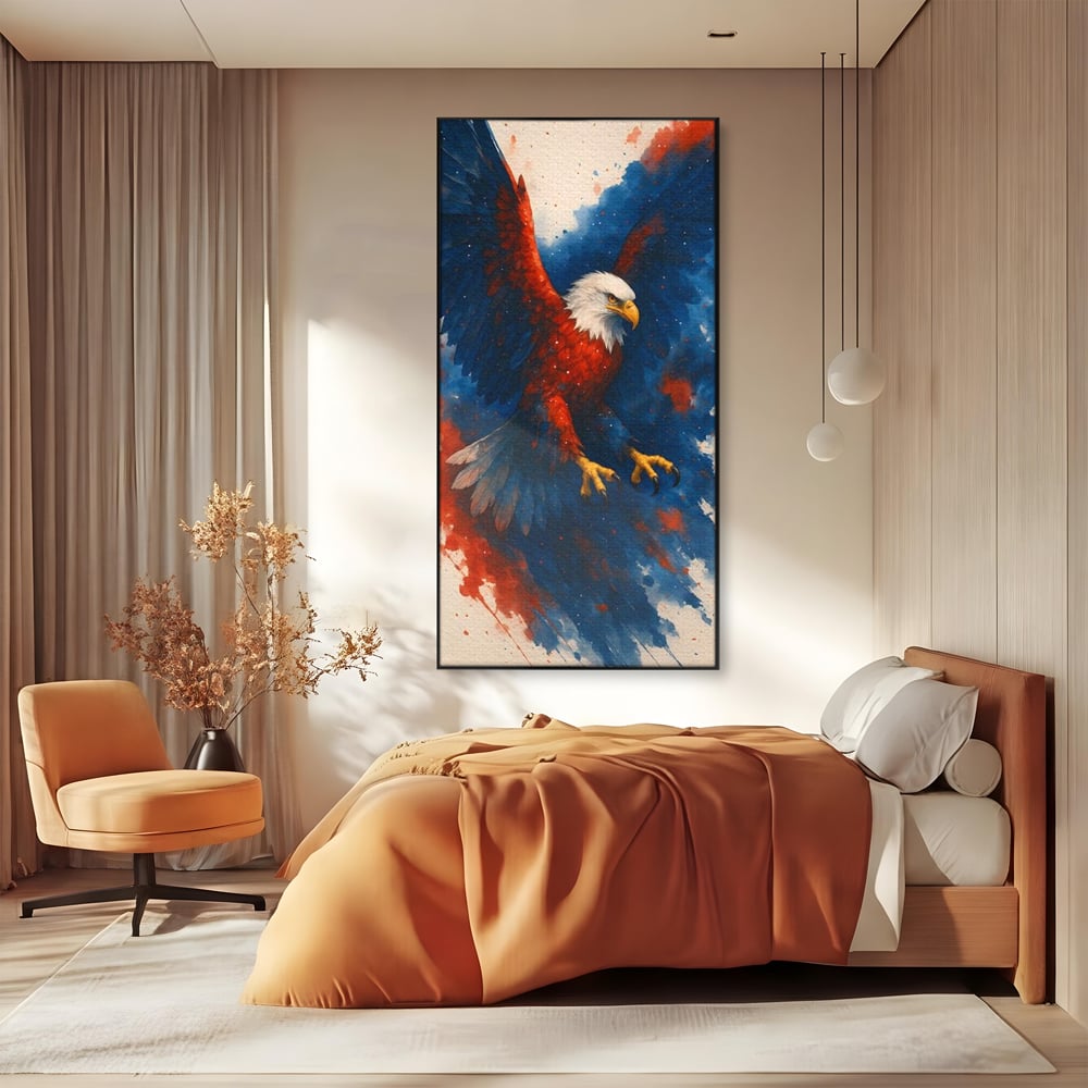 Tablou canvas cu tablou canvas vultur in zbor, in rama de aluminiu negru, pe perete intr-un dormitor